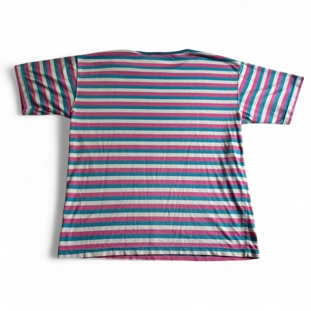 Vintage First Run Women's Medium Stripe Ring Neck T Shirt Pink Blue Boxy Fit - Picture 2 of 4